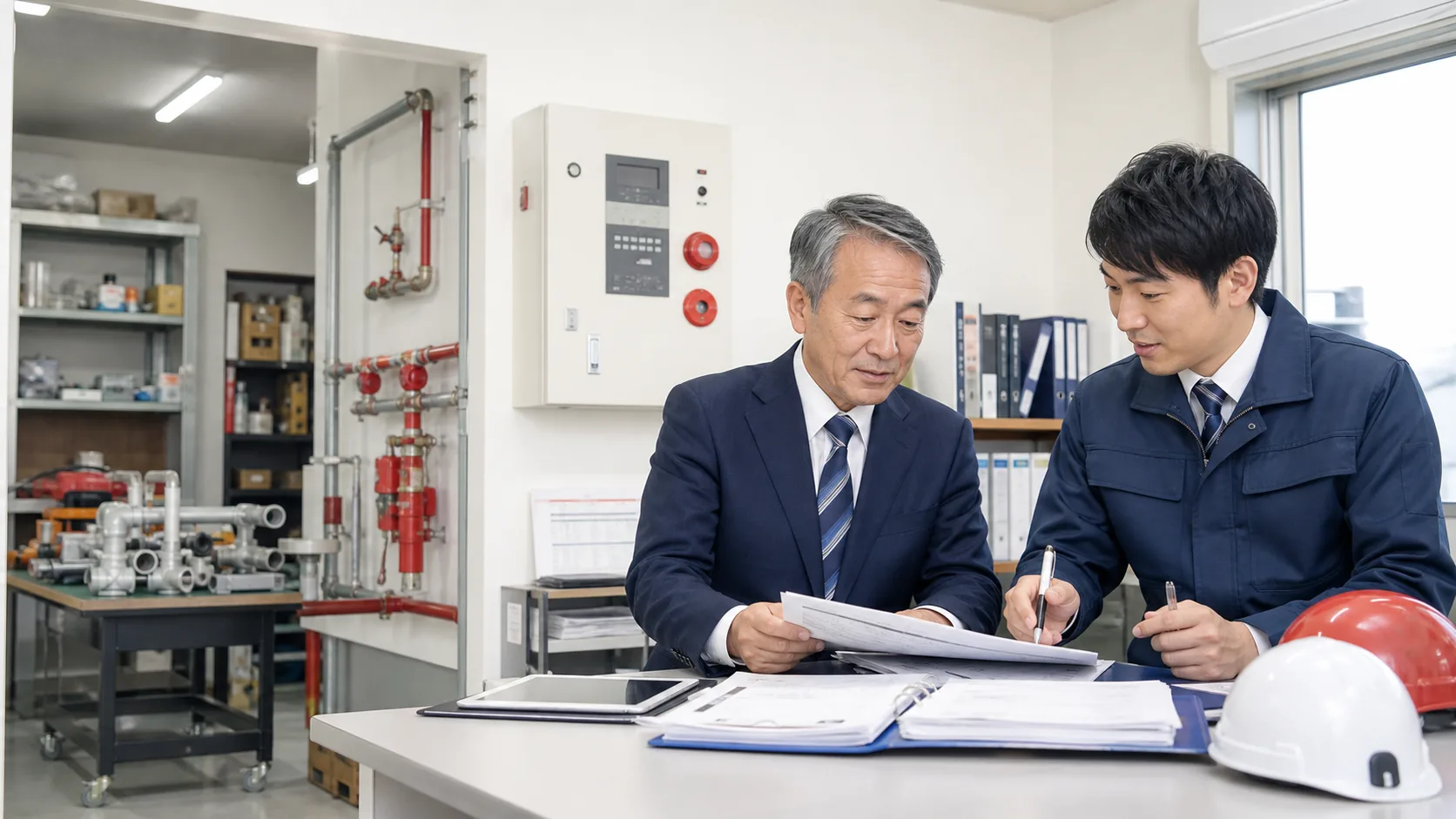 防災設備会社の消防施設工事と資格者体制を承継する相談風景