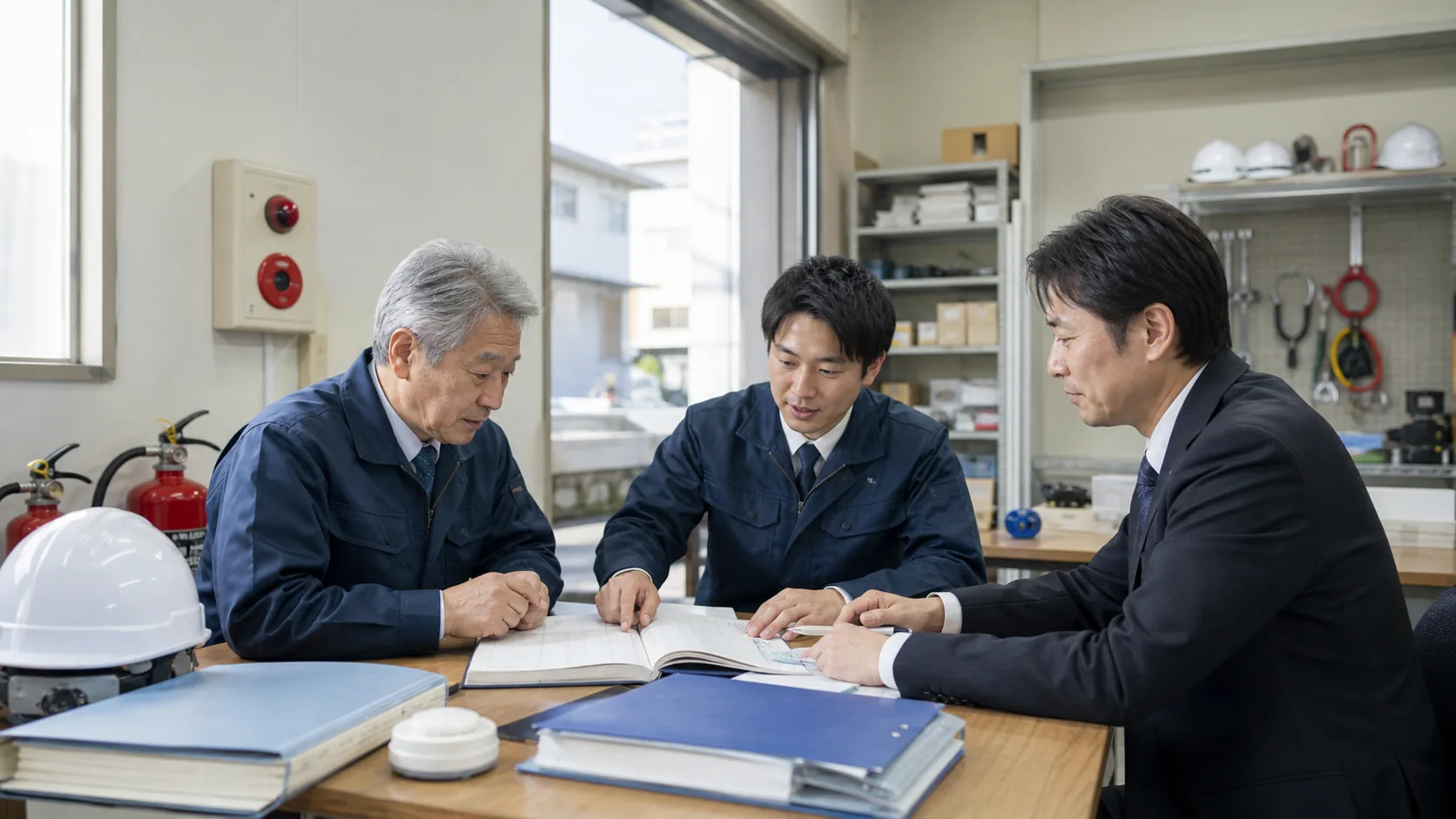 関西の消防設備会社で点検台帳と保守契約を確認するM&A相談風景