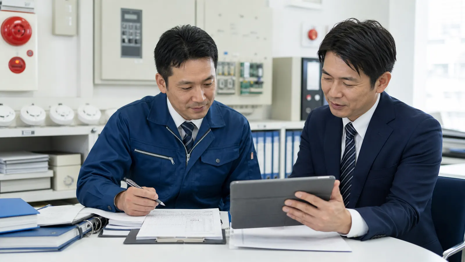 消防設備会社の技術者と相談担当者が部品供給と更新提案資料を確認する写真