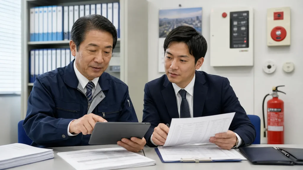 消防設備点検会社の技術者と相談担当者が点検結果報告書と台帳を確認する写真