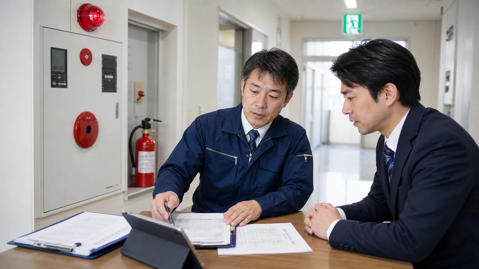 公共施設の火災受信機の前で消防設備技術者と承継担当者が点検台帳を確認する写真