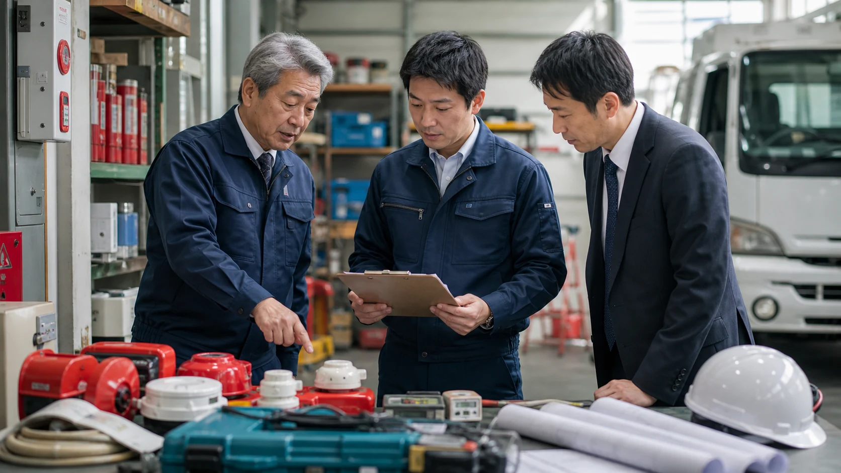 消防設備会社の現場で設備・測定機器・図面の承継項目を確認する経営者、現場責任者、M&Aアドバイザーのイメージ