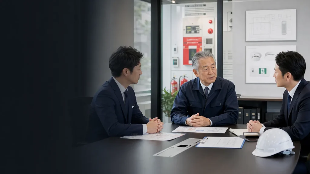 消防設備会社の経営者とM&Aアドバイザーが、消防設備を背景に相談している様子