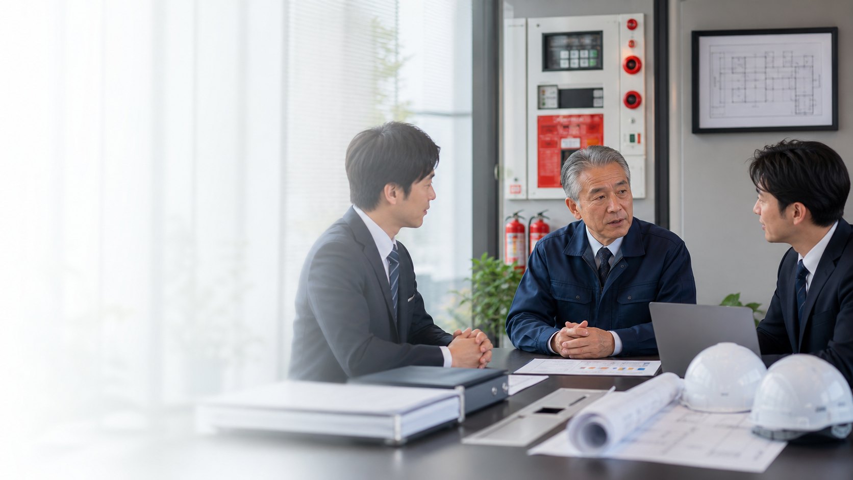 消防設備会社の経営者とM&Aアドバイザーが点検資料を確認している様子