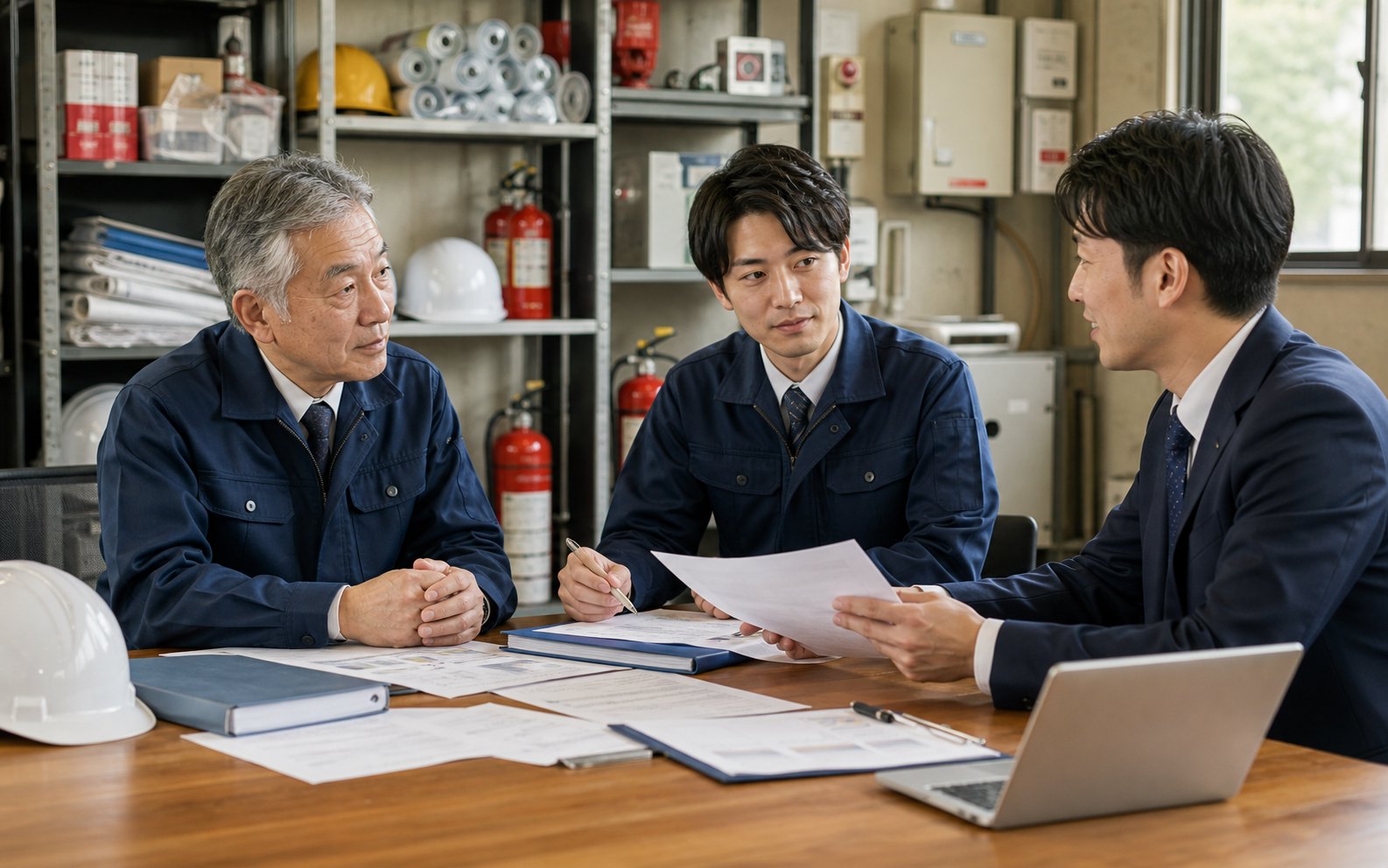 消防設備会社の創業者と承継候補が保守資料を確認している打ち合わせ風景
