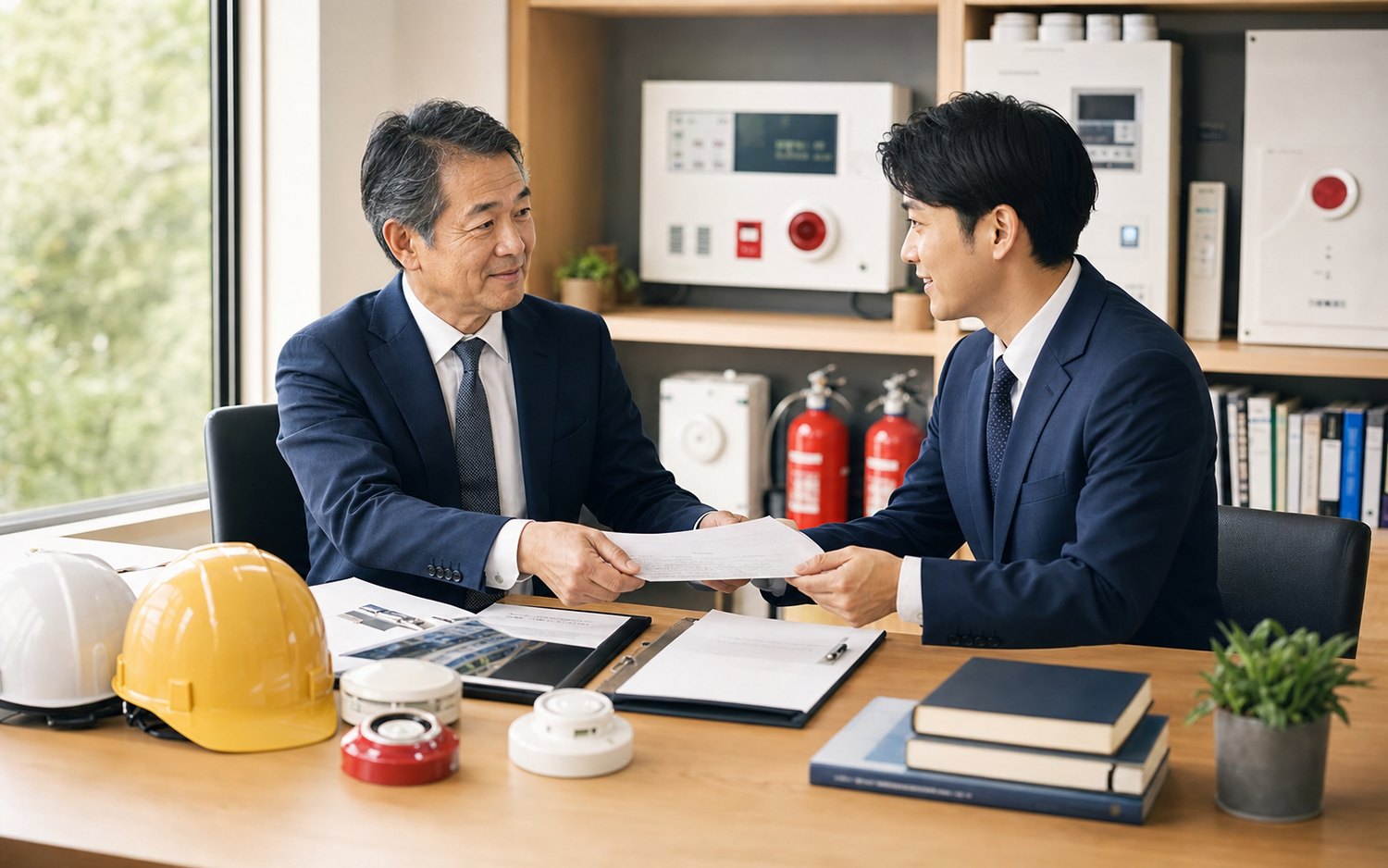 消防設備会社の承継について経営者とアドバイザーが資料を確認している様子