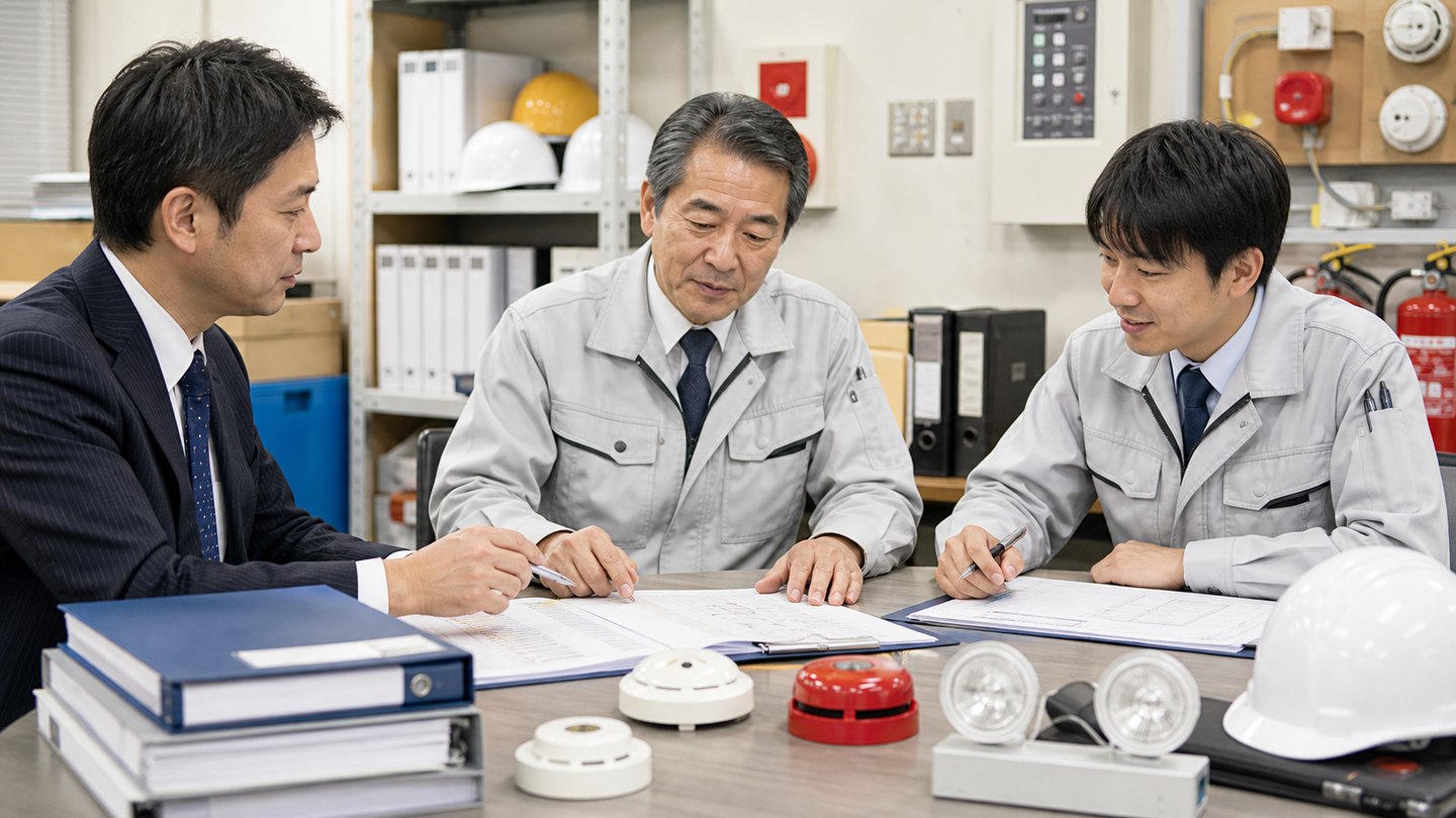 消防設備士や点検資格者の承継について経営者と担当者が相談している様子