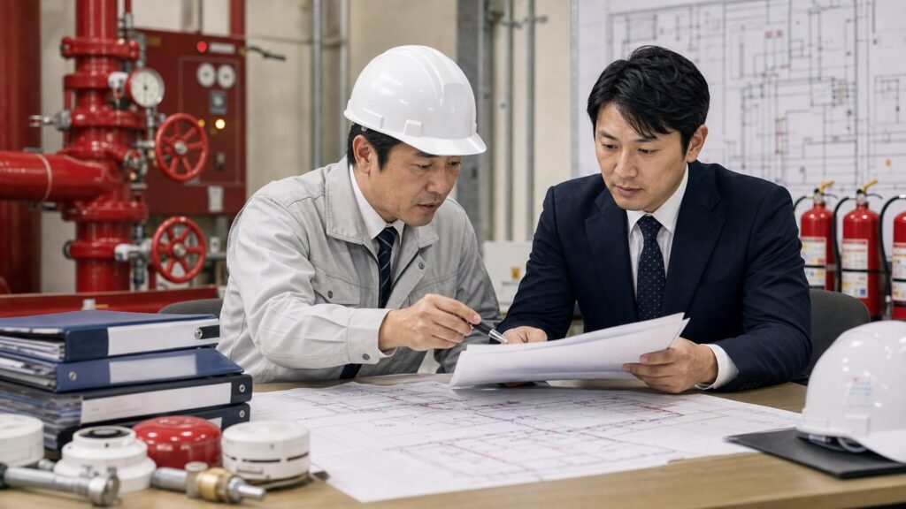 消火設備工事会社のM&A事例をイメージした設備図面確認の様子