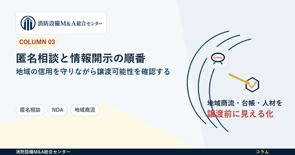 地域密着の消防設備会社を匿名でM&A相談する流れと情報開示の順番のアイキャッチ画像