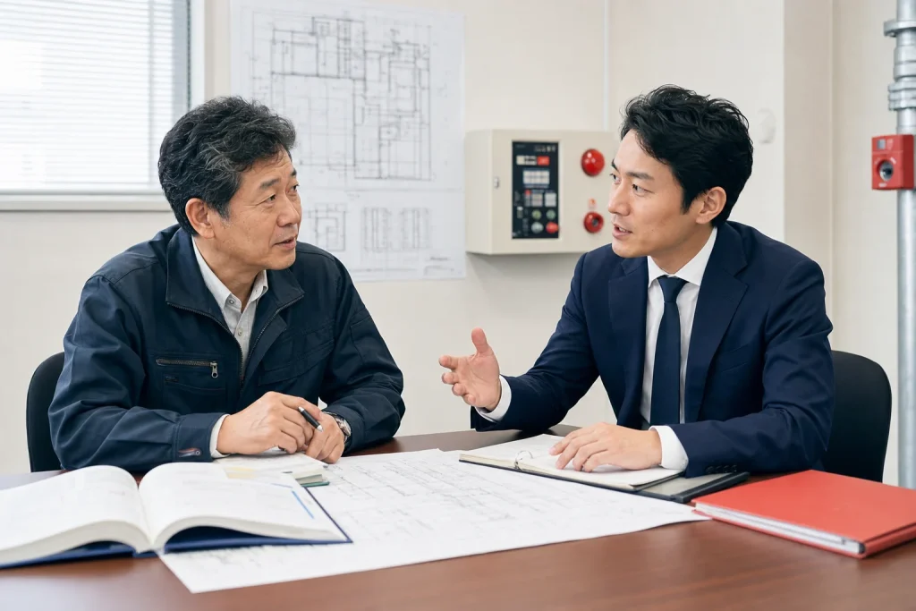 消防設備会社の経営者とM&Aアドバイザーが点検台帳と設備図面を確認しているイメージ