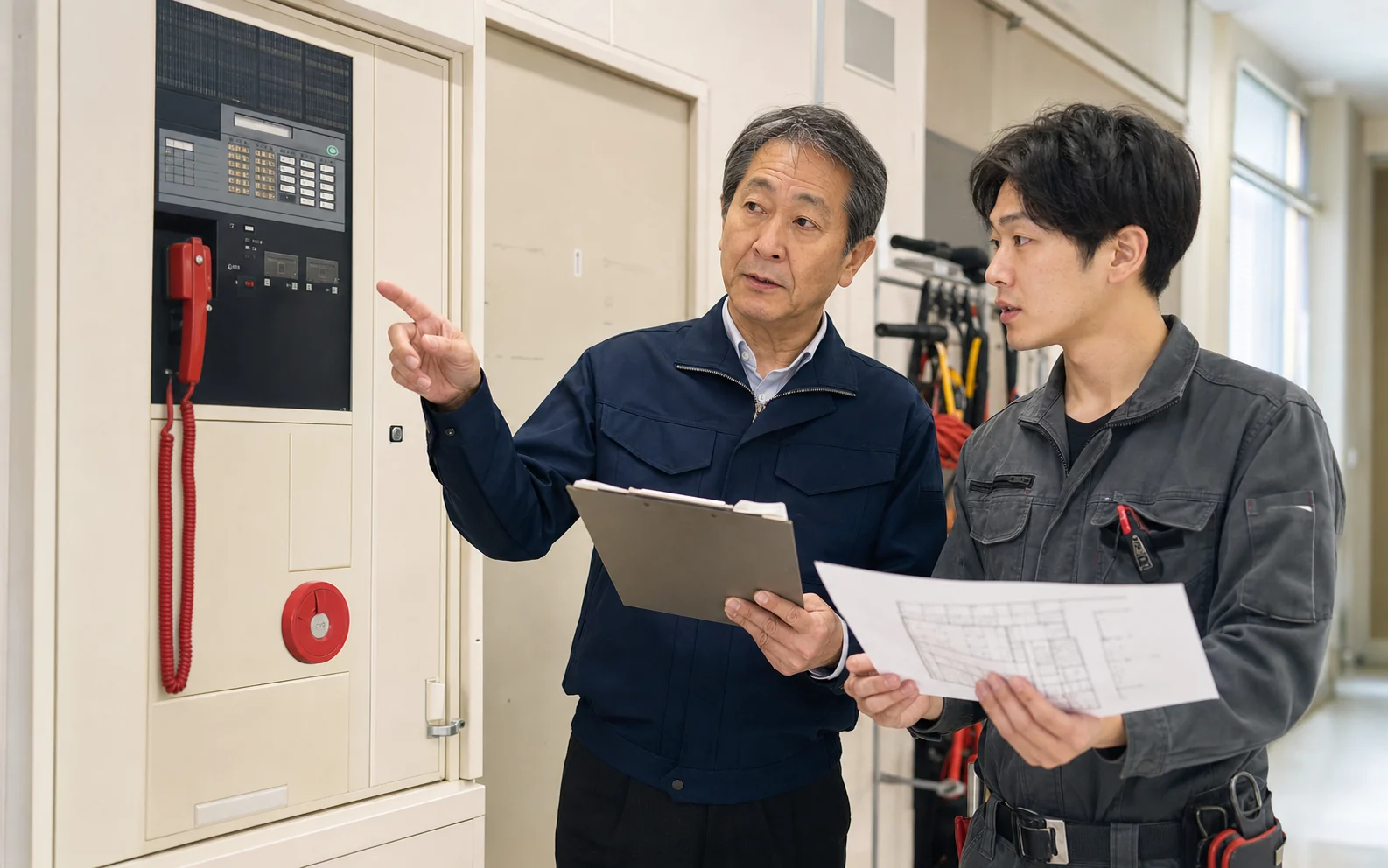 消防設備会社の経営者と若手技術者が火災受信機と設備図面を確認しているイメージ