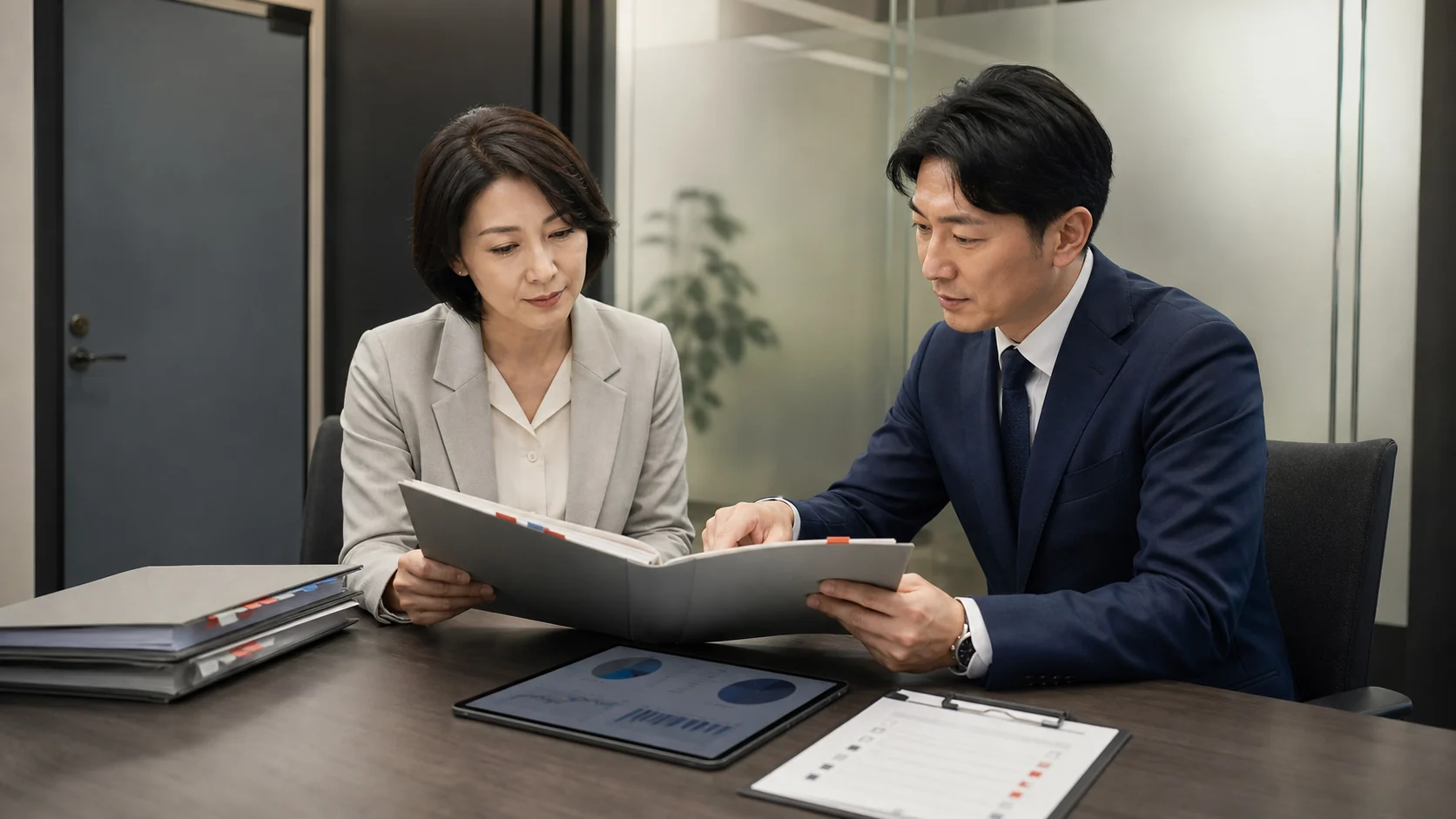 消防設備会社の経営者が秘密保持を前提に情報開示資料を確認しているイメージ