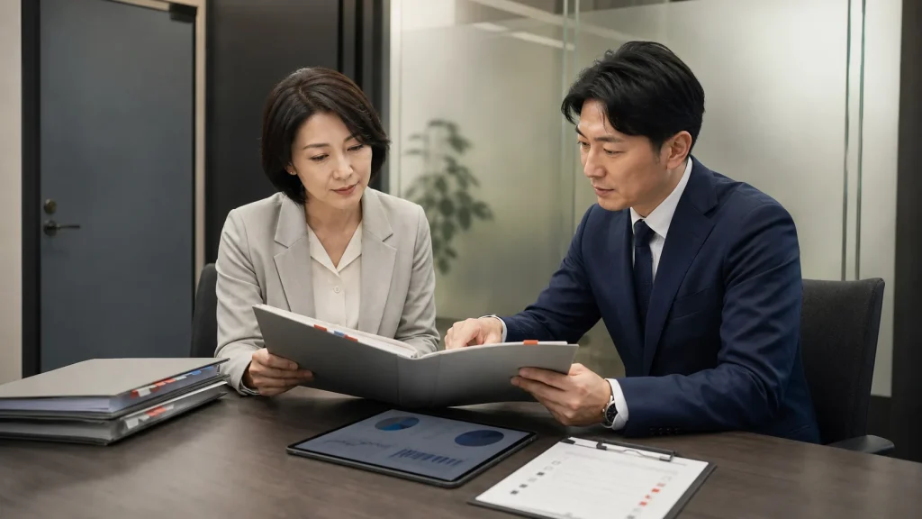 消防設備会社の経営者が秘密保持を前提に情報開示資料を確認しているイメージ